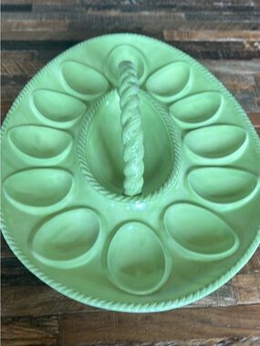 Green Ceramic Deviled Egg Serving Platter with Handle